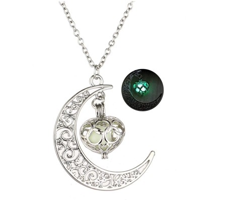 Aurora Crystal Glow in The Dark Crescent Moon Pendant Necklace for Girls Women Green