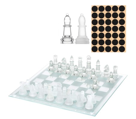 Set with Glass Chess Board 20cm Frosted & Clear Crystal Glass Chess Pieces with Padded Bottom Mind Game for Adults Strategy Outdoor Game