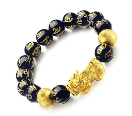 Elastic Feng Shui 8 mm Black Obsidian Onyx Bracelet Pixiu and Om Mani Dragon Lucky Charm with Gold-Plated Pi Yao, Padme Hum, Attract Wealth, Money & Good Luck for Men & Women