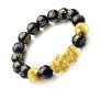 Elastic Feng Shui 8 mm Black Obsidian Onyx Bracelet Pixiu and Om Mani Dragon Lucky Charm with Gold-Plated Pi Yao, Padme Hum, Attract Wealth, Money & Good Luck for Men & Women