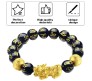 Elastic Feng Shui 8 mm Black Obsidian Onyx Bracelet Pixiu and Om Mani Dragon Lucky Charm with Gold-Plated Pi Yao, Padme Hum, Attract Wealth, Money & Good Luck for Men & Women
