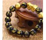 Elastic Feng Shui 8 mm Black Obsidian Onyx Bracelet Pixiu and Om Mani Dragon Lucky Charm with Gold-Plated Pi Yao, Padme Hum, Attract Wealth, Money & Good Luck for Men & Women