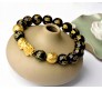 Elastic Feng Shui 8 mm Black Obsidian Onyx Bracelet Pixiu and Om Mani Dragon Lucky Charm with Gold-Plated Pi Yao, Padme Hum, Attract Wealth, Money & Good Luck for Men & Women