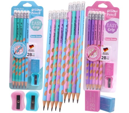 Pack of 24 Groove Pencils 2B Graphite Pencils Thick Strong Triangular Grip Pencils, Suitable for School, Kids Art Drawing Drafting Sketching Shading (20 Pencils, 2 Sharpenes, 2 Erasers)