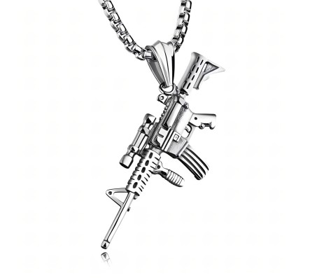 Mens Army Rifle Machine Gun Locket AL47 Military Silver Stainless Steel Pendant Long Thick Necklace Chain For Men And Women