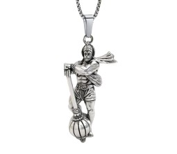Lord Hanuman Ji With Gada Locket Pendant Silver Necklace Chain for Boys and Men