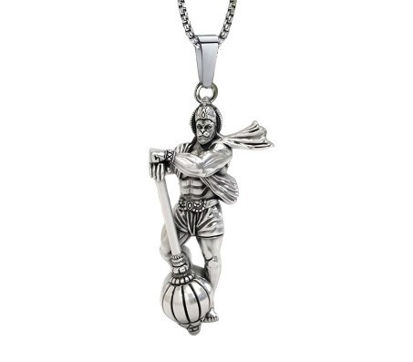 Lord Hanuman Ji With Gada Locket Pendant Silver Necklace Chain for Boys and Men