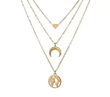 3 Layer Step Multi Layered Necklace Latest Western With Charms Heart Moon Crest World Map Chain in Gold Plated for Women