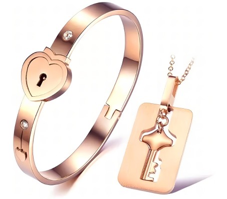Stainless Steel Heart Lock Bracelet and Key Pendant Rose Gold Pendant Set for Couples Jewellery Set Valentine Gift For Couple