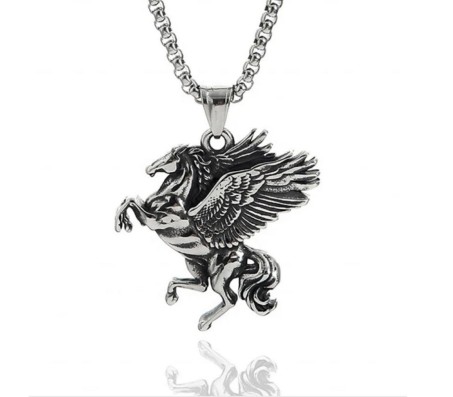 Silver Pegasus Goodluck Charm Galloping Shiny Horse Wings Flying Freedom Stainless Steel with Long 24inch Round Box Chain Necklace Accessories for Men & Women