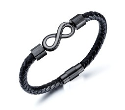 Black Leather Infinity Bracelet for Men Stainless Steel Magnetic Clasp Stylish Thread Braided Wristband Casual Wear Fashion Accessory Men's Traditional Jewellery B1