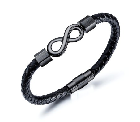 Black Leather Infinity Bracelet for Men Stainless Steel Magnetic Clasp Stylish Thread Braided Wristband Casual Wear Fashion Accessory Men's Traditional Jewellery B1
