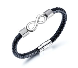 Black Leather Infinity Bracelet for Men Stainless Steel Magnetic Clasp Stylish Thread Braided Wristband Casual Wear Fashion Accessory Men's Traditional Jewellery S1