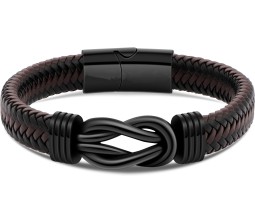 Love Knot Brown Leather Braided Bracelet 8 inch Infinity Forever Linked with Stainless Steel Magnetic Buckle Gift Bracelets for Men & Boys