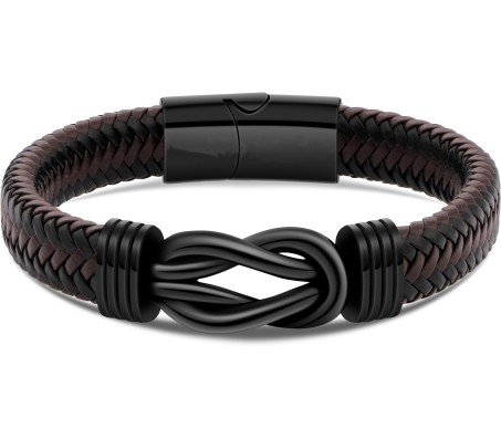 Love Knot Brown Leather Braided Bracelet 8 inch Infinity Forever Linked with Stainless Steel Magnetic Buckle Gift Bracelets for Men & Boys