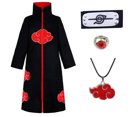 Akatsuki Unisex Long Cloak Robe Coat Dress Itachi Cosplay Costume Uniform Cape Cloud Necklace Headband and Ring Combo Black, L