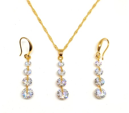 Multi Line Crystal Rhinestone Pendant with Earring Gold Plated Jewellery Set for Girls and Women