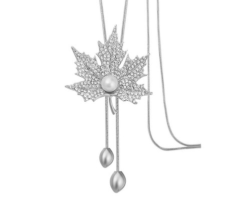 Fashion Crystal Silver Long Chain Stylish Pendant Necklace in Fancy Maple Leaf with Pearl Design Jewelry Party or Daily Casual Wear for Women and Girls White Silver