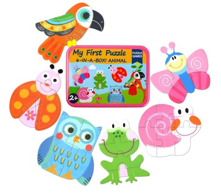 Wooden Floor Puzzles for Toddlers and 1 Year Olds 6 in 1 Beginner Jigsaw Puzzle Mix Animal with Tin Box Multicolor