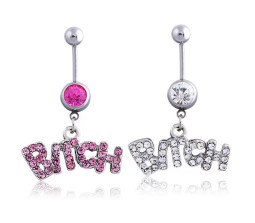 Combo Set of 2 Stainless Steel Crystal Belly Button Navel Ring Silver Pink Bitch Worded Belly Rings For Women
