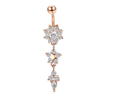 Belly Button Rings Belly 316L Stainless Steel Rose Gold Flower Shape 3 Layer Rhinestone Non Piercing Navel Artificial Belly Rings for Women Girls