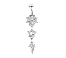 Belly Button Rings Belly 316L Stainless Steel Silver Flower Shape 3 Layer Rhinestone Non Piercing Navel Artificial Belly Rings for Women Girls