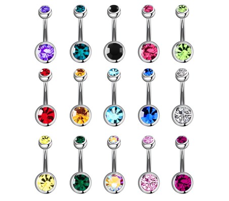 Double Stone Belly Button Ring Combo Set of 15 Stainless Steel Navel Piercing Jewelry for Women and Girls