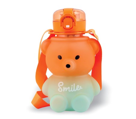 Plastic Teddy Bear Water Bottle for Kids, Push Button Water Bottle with Straw, Sipper Bottle for Kids with Adjustable Strap and Stickers 650ml, Orange Blue, 3+Years (Pack of 1)