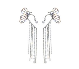 2pcs Zircon Butterfly Tassel Ear Cuff Earrings For Women No Piercing Wrap Around Latest Stylish Long Rhinestone and Pearl Tassle Drop Jewelry Valentine Gift for Girls and Women