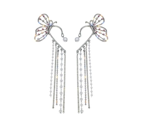 2pcs Zircon Butterfly Tassel Ear Cuff Earrings For Women No Piercing Wrap Around Latest Stylish Long Rhinestone and Pearl Tassle Drop Jewelry Valentine Gift for Girls and Women