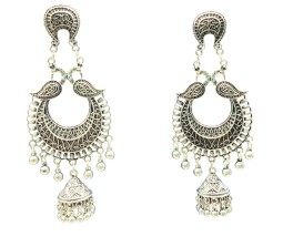 11cm Jhumka Oxidized Earrings Silver Afghani 2 Layer Peacock Fancy Ethnic Indian Jewelry in Hoop Mirror Designs Chandbali Jhumki Earring for Women & Girls