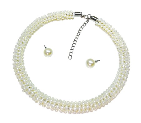 Combo Imitation 4mm Round Shining Pearl Double Strand Necklace White Choker Set Layered Moti Mala Pearl Jewellery Set With Matching Pearl Stud Earrings Handcrafted for Women and Girls
