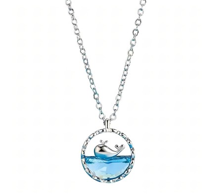 Love Blue Whale Crystal Pendant Stainless Steel Chain Necklace Heart of the Ocean Wave Design Round Frame Valentine Gifting Fashion Accessories For Women Girl