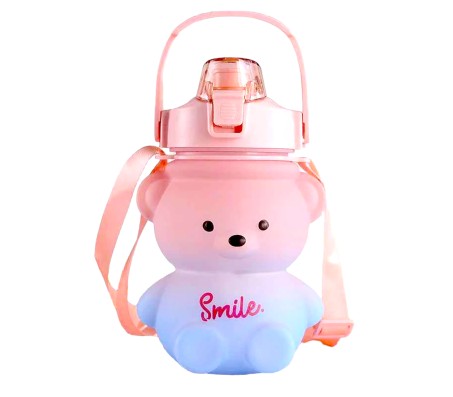Plastic Teddy Bear Water Bottle for Kids, Push Button Water Bottle with Straw, Sipper Bottle for Kids with Adjustable Strap and Stickers 1400ml, Pink Blue, 3+Years (Pack of 1)