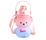 Plastic Teddy Bear Water Bottle for Kids, Push Button Water Bottle with Straw, Sipper Bottle for Kids with Adjustable Strap and Stickers 1400ml, Pink Blue, 3+Years (Pack of 1)