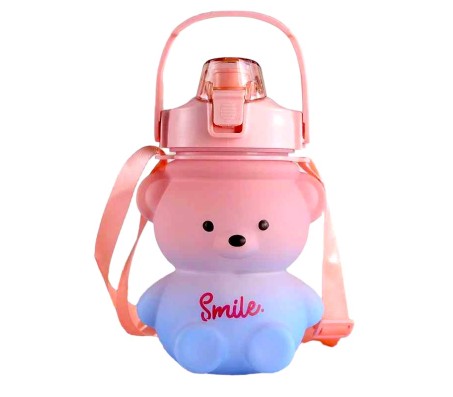 Plastic Teddy Bear Water Bottle for Kids, Push Button Water Bottle with Straw, Sipper Bottle for Kids with Adjustable Strap and Stickers 1000ml, Pink Blue, 3+Years (Pack of 1)