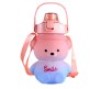 Plastic Teddy Bear Water Bottle for Kids, Push Button Water Bottle with Straw, Sipper Bottle for Kids with Adjustable Strap and Stickers 1000ml, Pink Blue, 3+Years (Pack of 1)