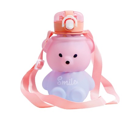 Plastic Teddy Bear Water Bottle for Kids, Push Button Water Bottle with Straw, Sipper Bottle for Kids with Adjustable Strap and Stickers 650ml, Pink Blue, 3+Years (Pack of 1)