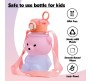 Plastic Teddy Bear Water Bottle for Kids, Push Button Water Bottle with Straw, Sipper Bottle for Kids with Adjustable Strap and Stickers 650ml, Pink Blue, 3+Years (Pack of 1)