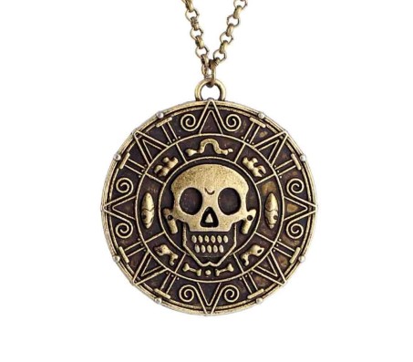 Aztec Coin Pirates Jack Captain Sparrow of Caribbean Human Skull Bronze Pendant with Necklace Jewelry Accessory Cosplay for Men and Women