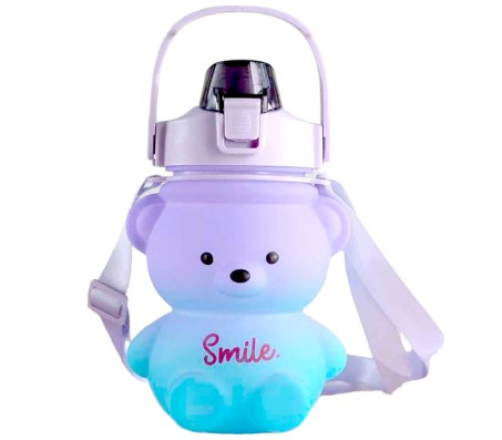 Plastic Teddy Bear Water Bottle for Kids, Push Button Water Bottle with Straw, Sipper Bottle for Kids with Adjustable Strap and Stickers 1400ml, Purple Blue, 3+Years (Pack of 1)