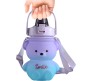 Plastic Teddy Bear Water Bottle for Kids, Push Button Water Bottle with Straw, Sipper Bottle for Kids with Adjustable Strap and Stickers 1400ml, Purple Blue, 3+Years (Pack of 1)