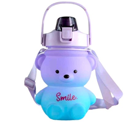 Plastic Teddy Bear Water Bottle for Kids, Push Button Water Bottle with Straw, Sipper Bottle for Kids with Adjustable Strap and Stickers 1000ml, Purple Blue, 3+Years (Pack of 1)