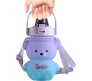 Plastic Teddy Bear Water Bottle for Kids, Push Button Water Bottle with Straw, Sipper Bottle for Kids with Adjustable Strap and Stickers 1000ml, Purple Blue, 3+Years (Pack of 1)