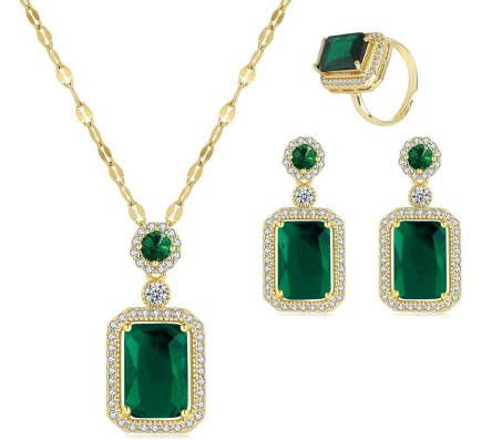 Green Emerald Jewellery Set for Women Gold Plated Necklace Earrings and Ring Minimal Jewelry Sets Fashion Cubic Zirconia Crystal Earring For Woman and Girls