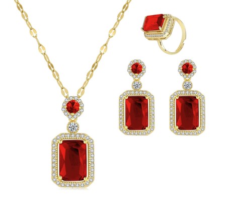 Red Ruby Jewellery Set for Women Gold Plated Necklace Earrings and Ring Minimal Jewelry Sets Fashion Cubic Zirconia Crystal Earring For Woman and Girls