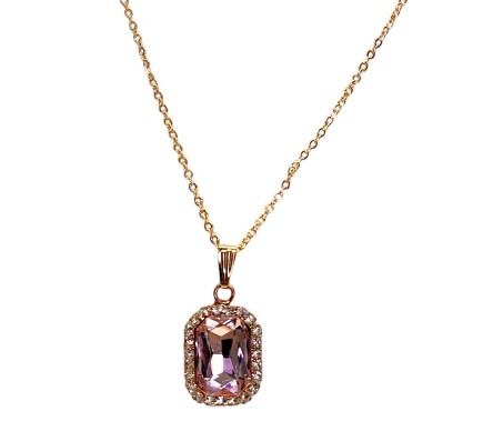Rectangle Stone Light Pink Crystal Necklace Pendant Minimalist Single With Rhinestone and Rose Gold Chain Jewellery For Women