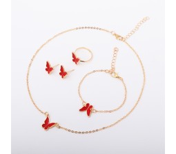 Combo Set of 4 Red Butterfly Necklace Set Stud Earring Set With Adjustable Finger Ring and Bracelet Gold Chain Plated Stylish Valentine Birthday Gift For Women and Girls