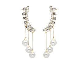 Gold-plated Zircon Studded Ear Cuff With Pearl Tassel Long Earrings Korean Jewellery Stylish Floral Crystal Zircon Chain Drop Earring For Women Girls