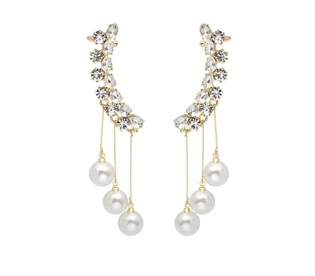 Gold-plated Zircon Studded Ear Cuff With Pearl Tassel Long Earrings Korean Jewellery Stylish Floral Crystal Zircon Chain Drop Earring For Women Girls